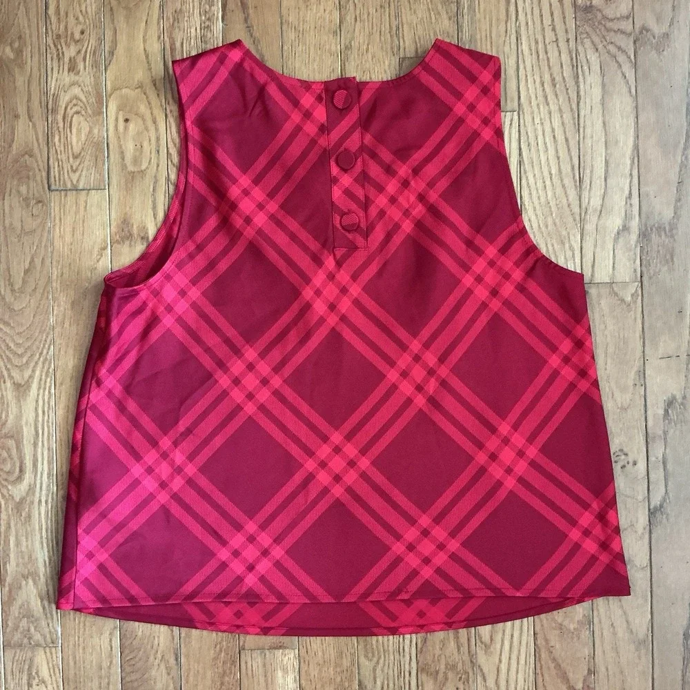 J. Crew Red Plaid Sleeveless Shell Blouse Button Back Top Size M Satin Office